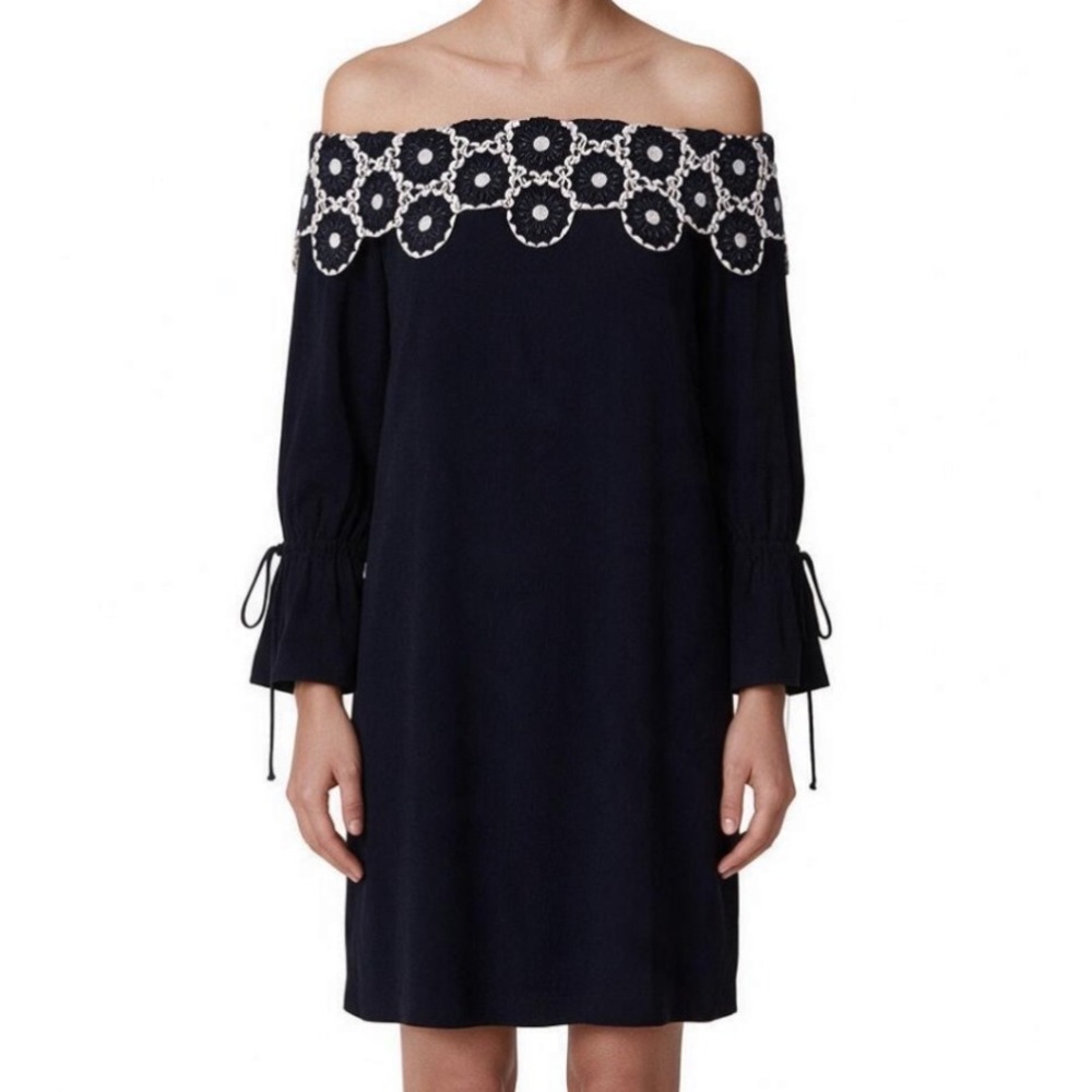 LOFT ANN TAYLOR Navy Blue w/White Lace OFF-THE-SHOULDER PEASANT Boho Dress XS/P